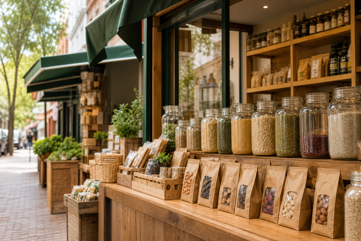 Banca de produtos naturais na feira, com potes de grãos e temperos